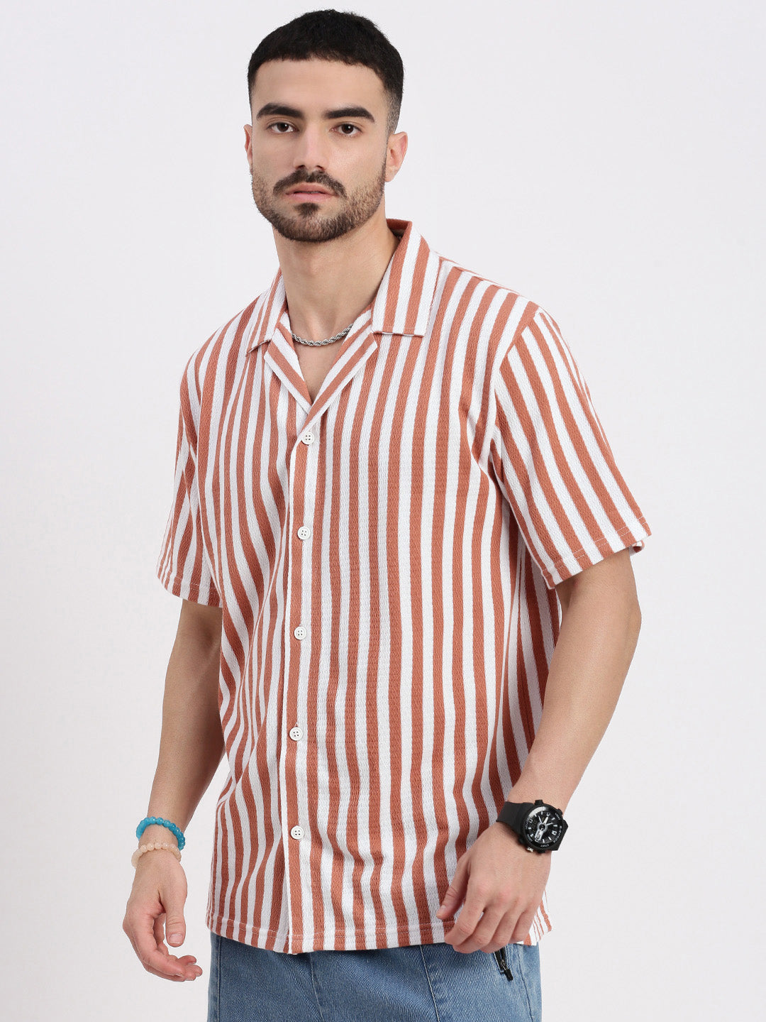 Men Orange Cuban Collar Striped Shirt