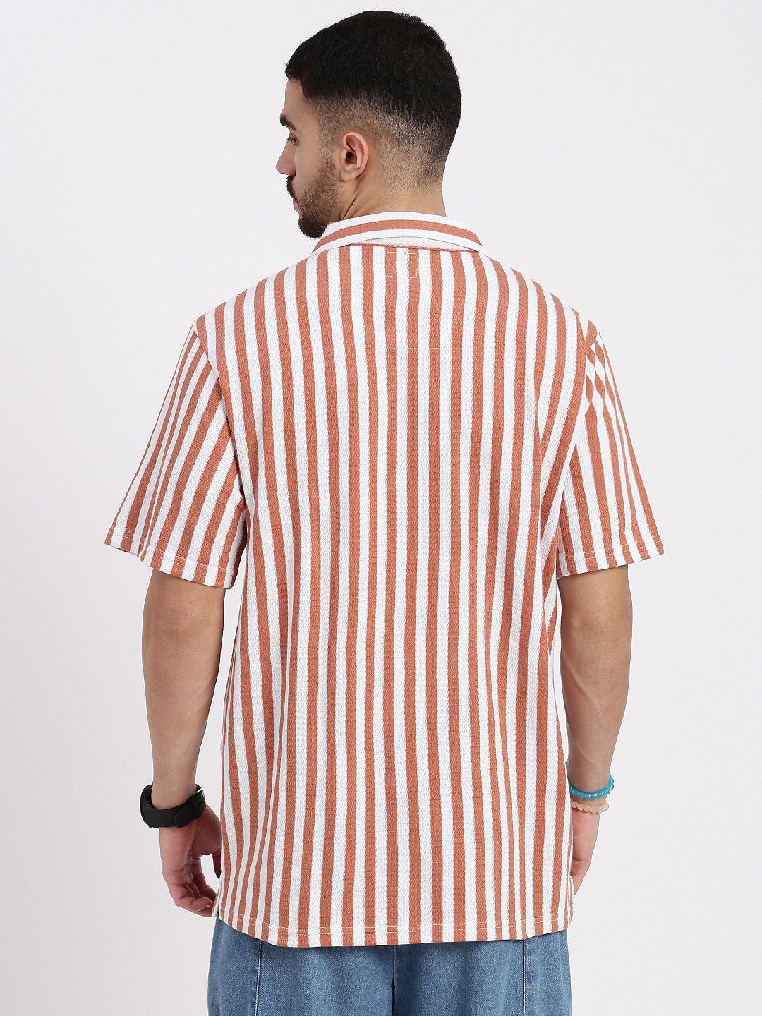 Men Orange Cuban Collar Striped Shirt