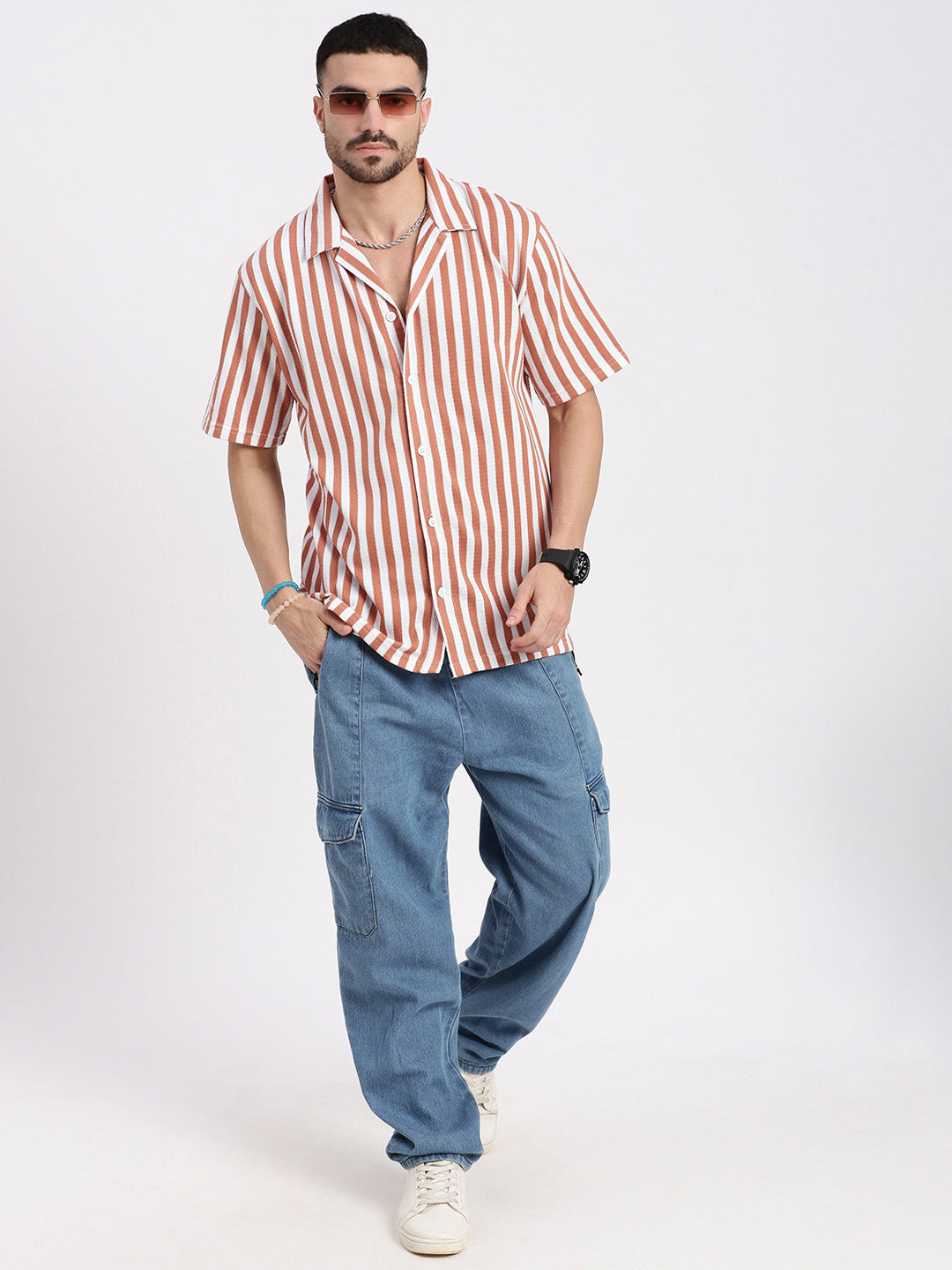 Men Orange Cuban Collar Striped Shirt