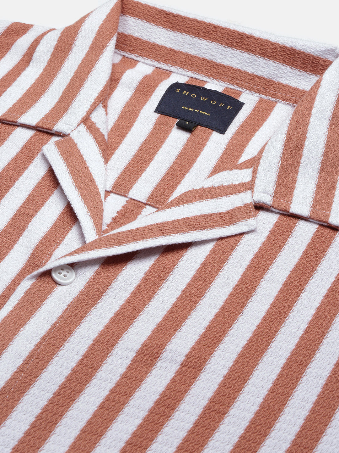 Men Orange Cuban Collar Striped Shirt