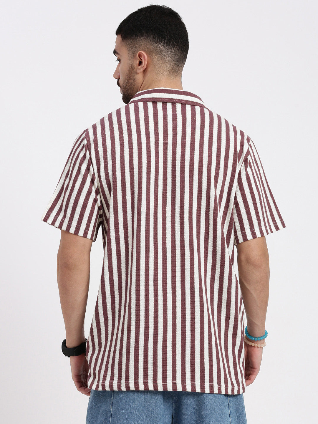 Men Purple Cuban Collar Striped Shirt