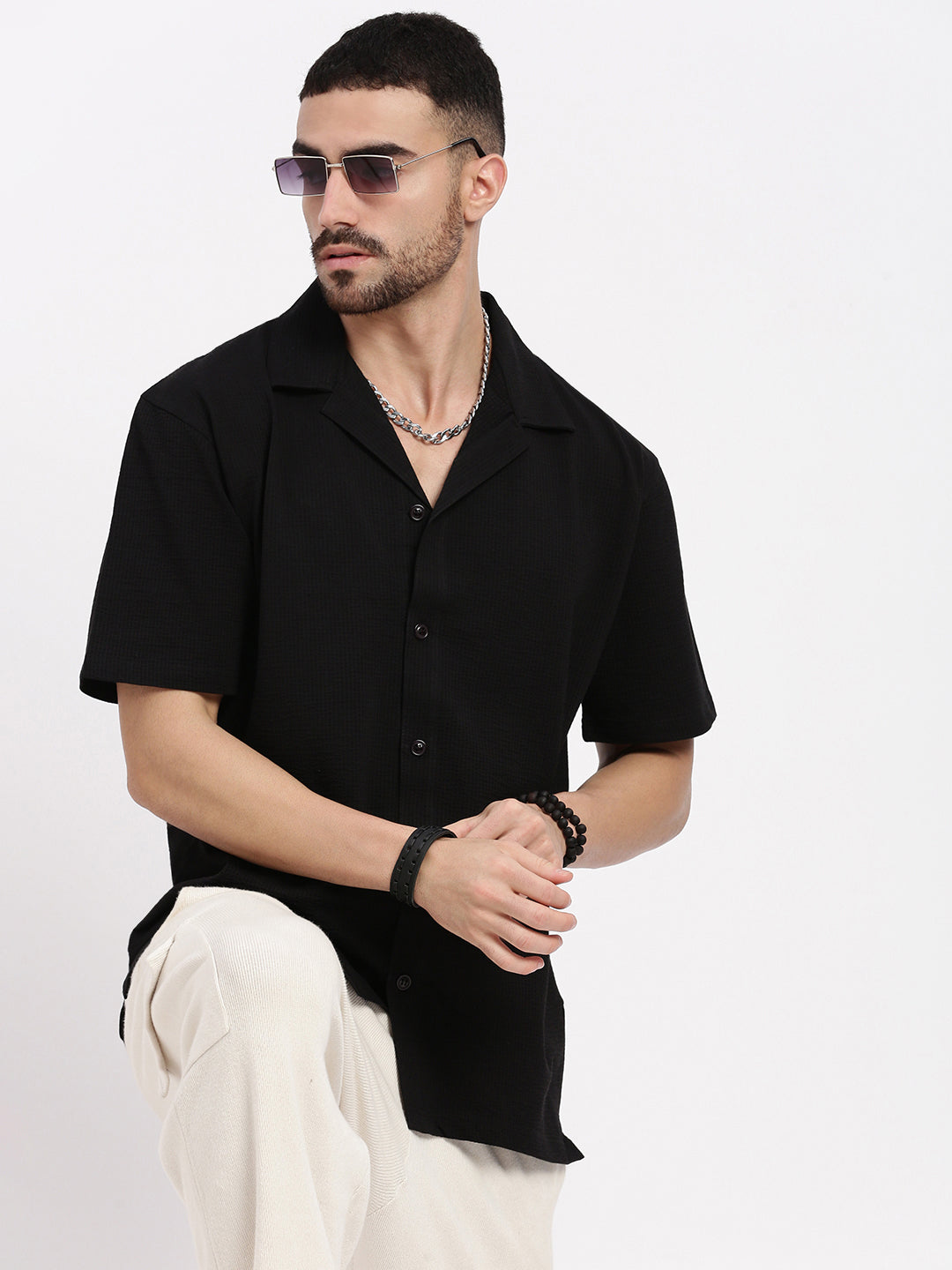 Men Black Cuban Collar Solid Shirt