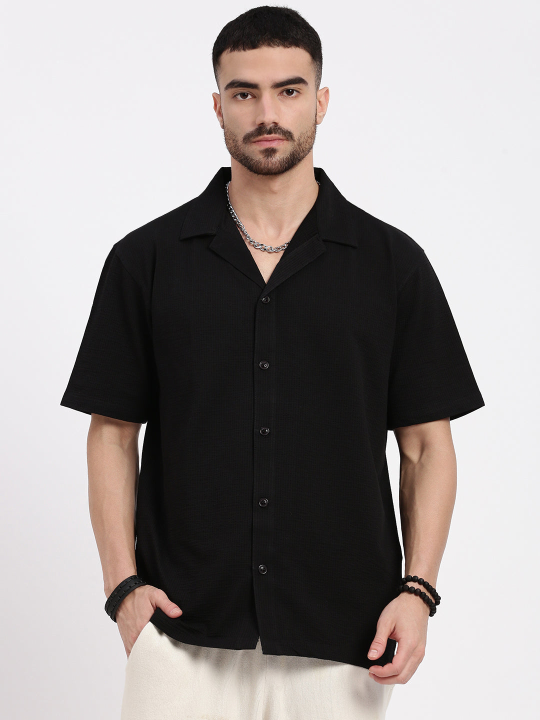 Men Black Cuban Collar Solid Shirt