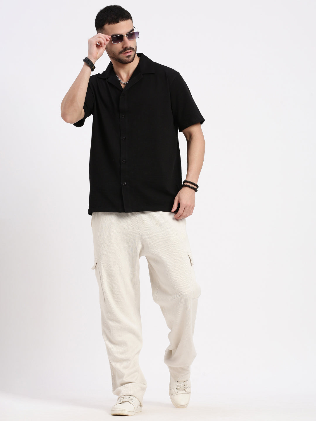 Men Black Cuban Collar Solid Shirt