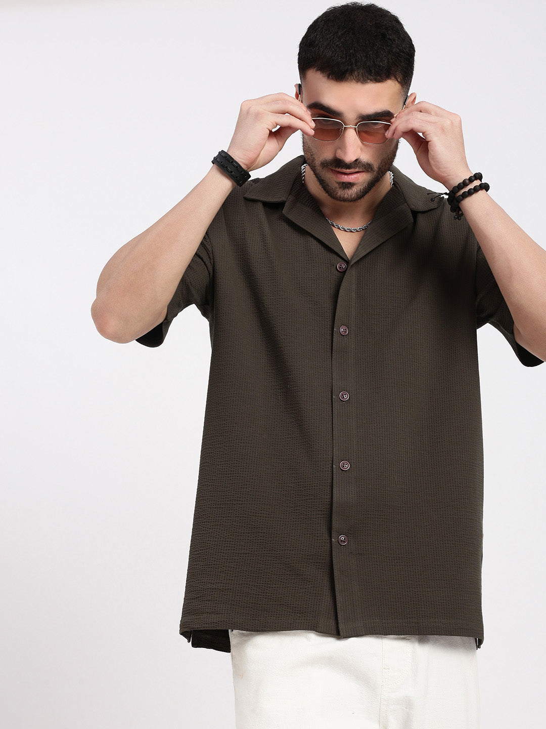 Men Brown Cuban Collar Solid Shirt