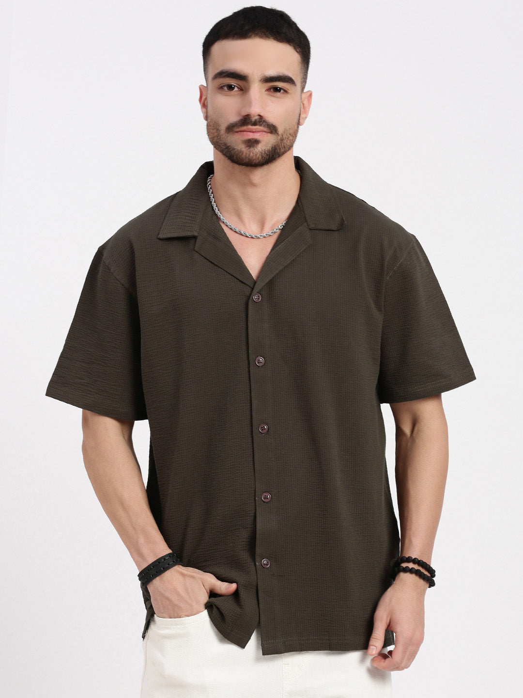 Men Brown Cuban Collar Solid Shirt