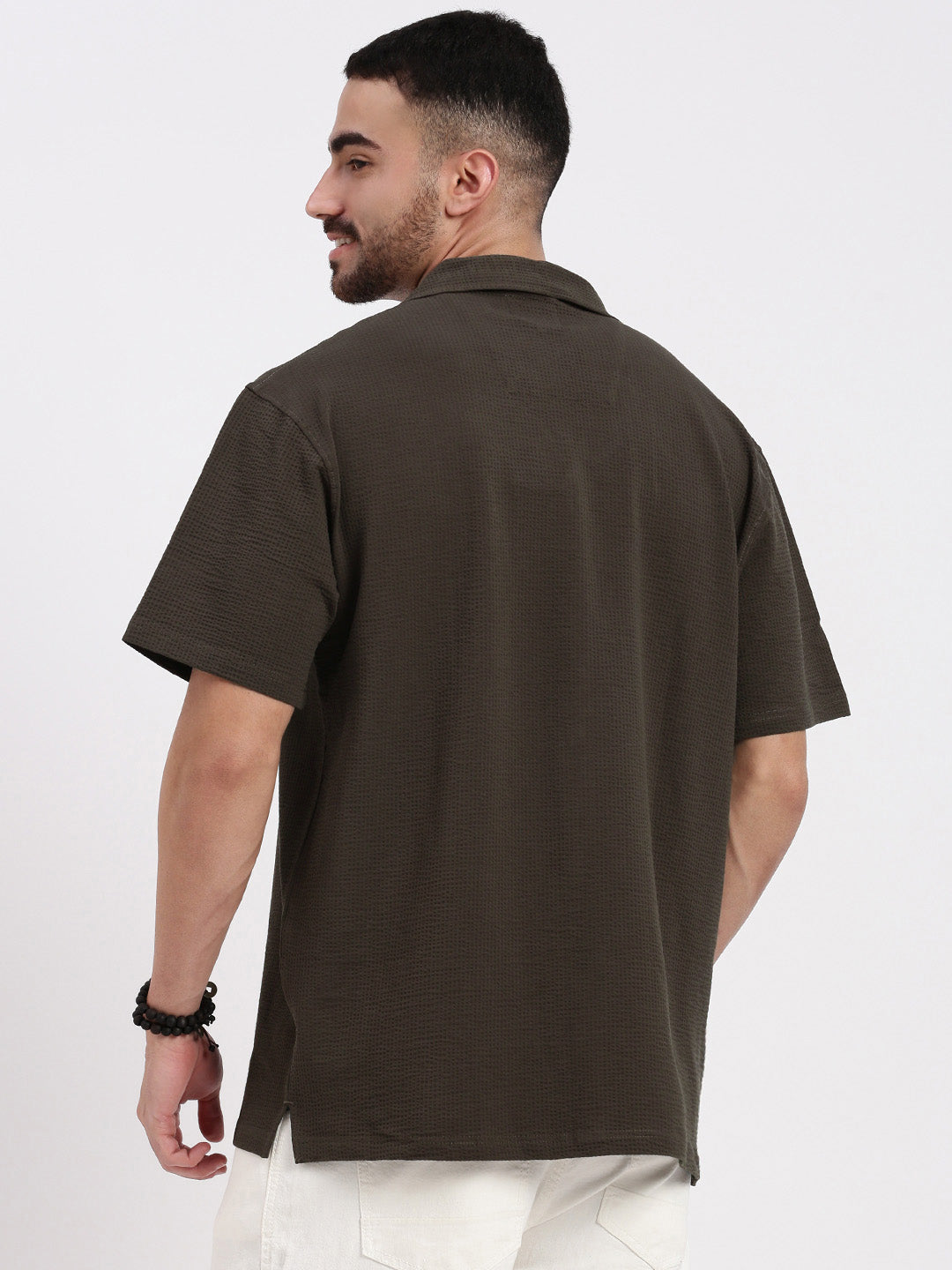 Men Brown Cuban Collar Solid Shirt