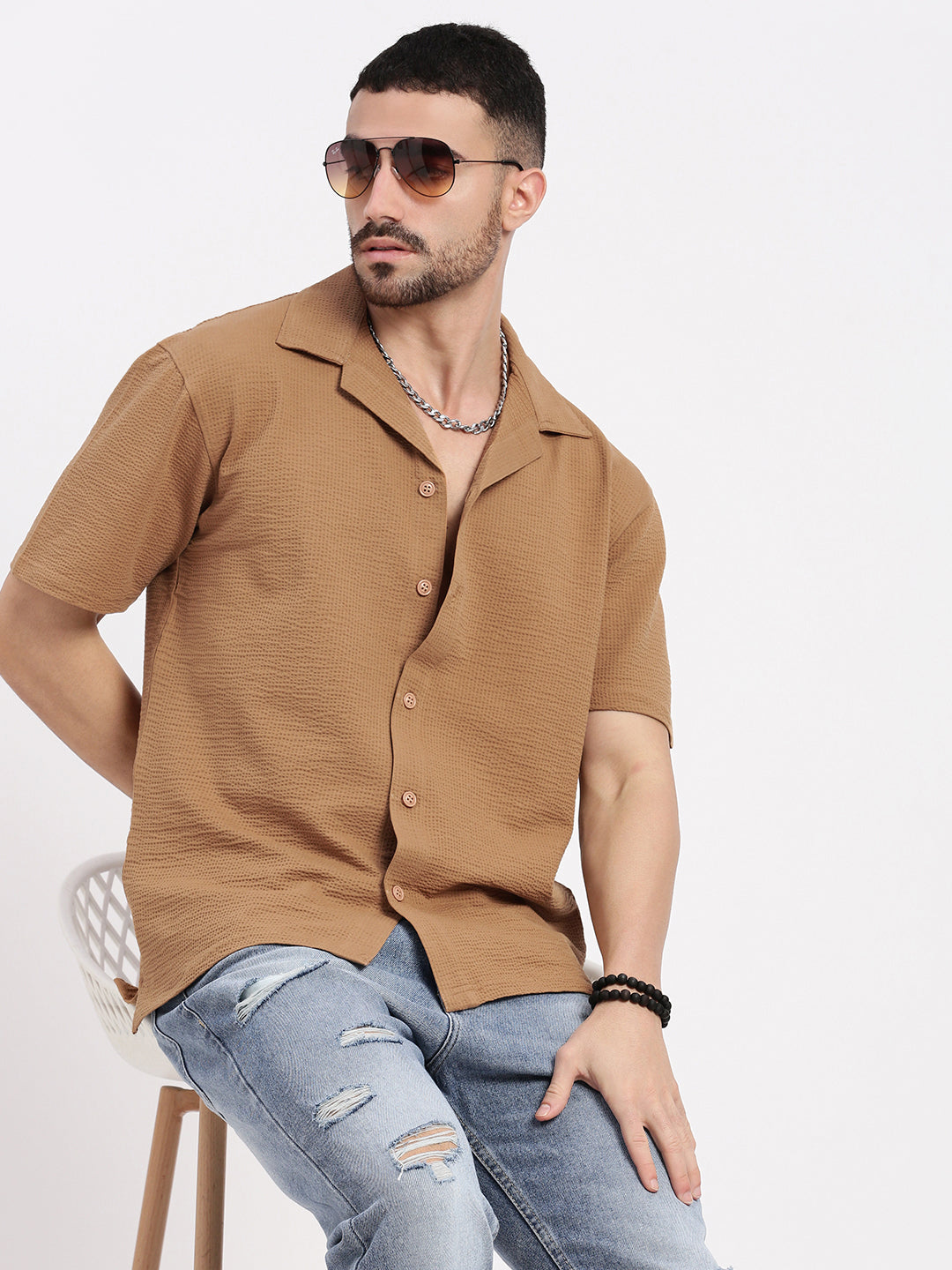 Men Brown Cuban Collar Solid Shirt