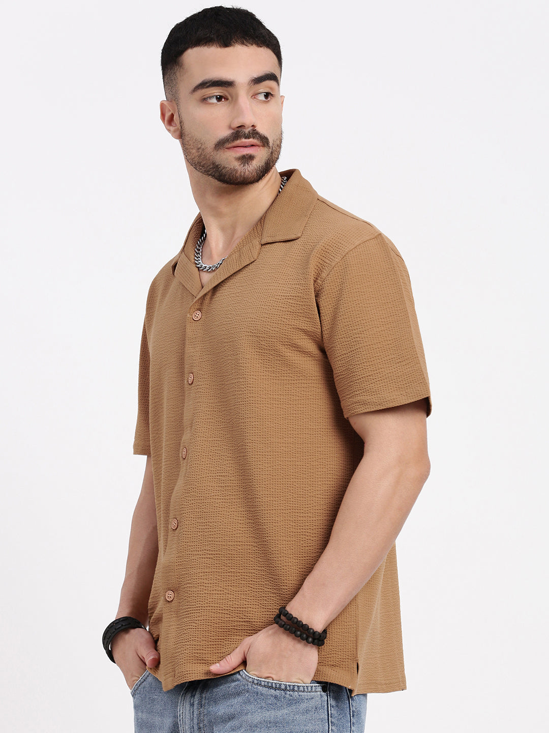 Men Brown Cuban Collar Solid Shirt