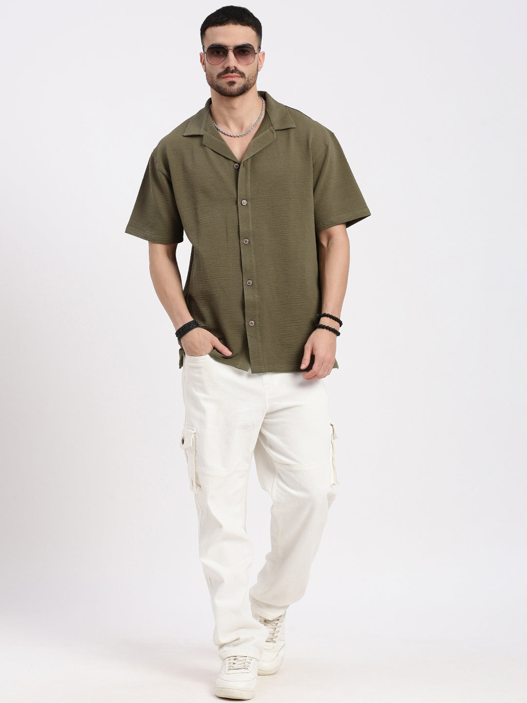 Men Olive Cuban Collar Solid Shirt