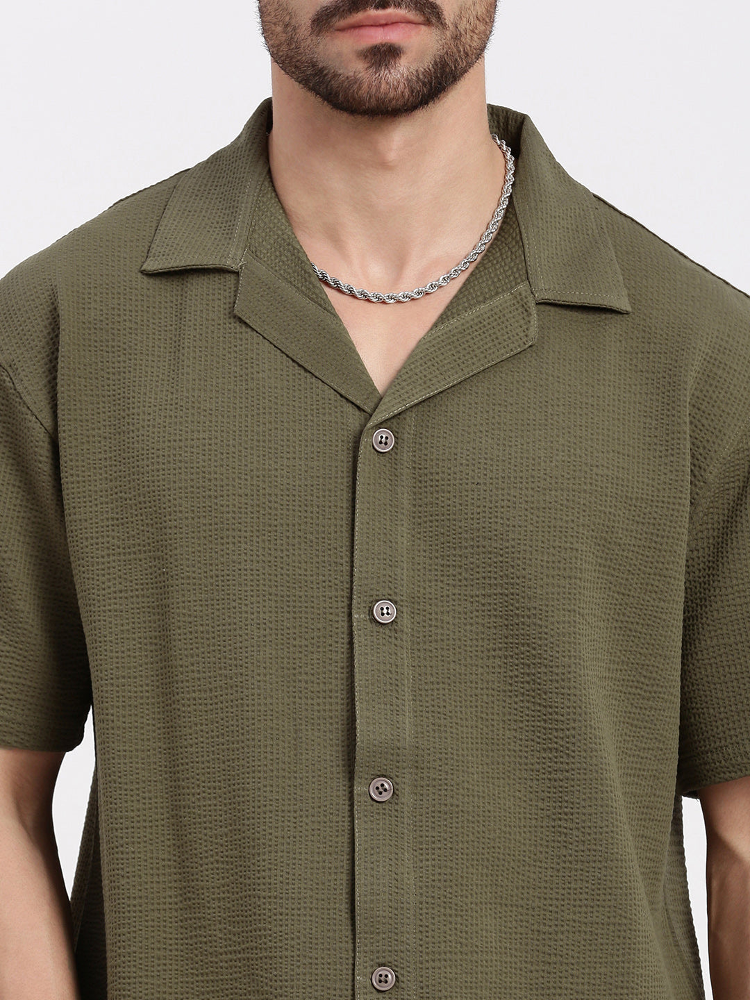 Men Olive Cuban Collar Solid Shirt