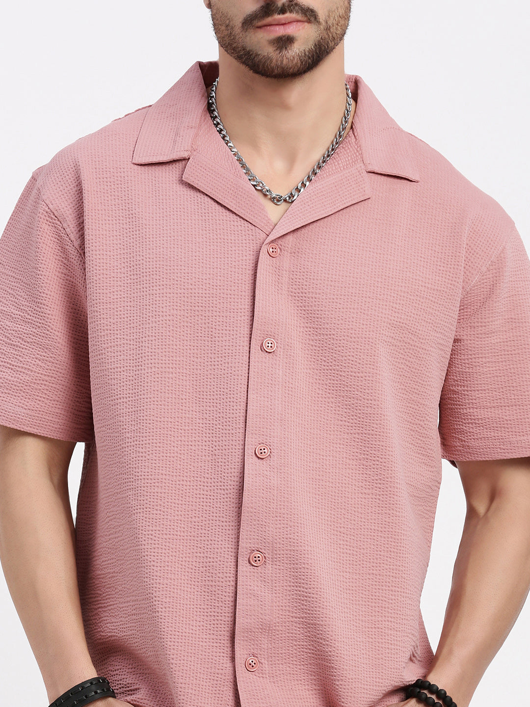 Men Pink Cuban Collar Solid Shirt