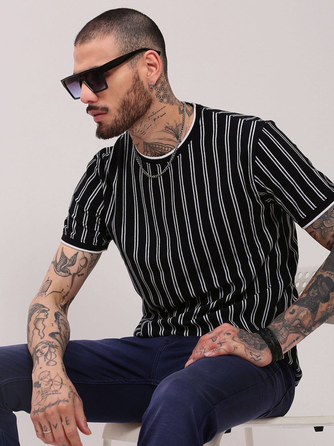 Men Black Striped T Shirt