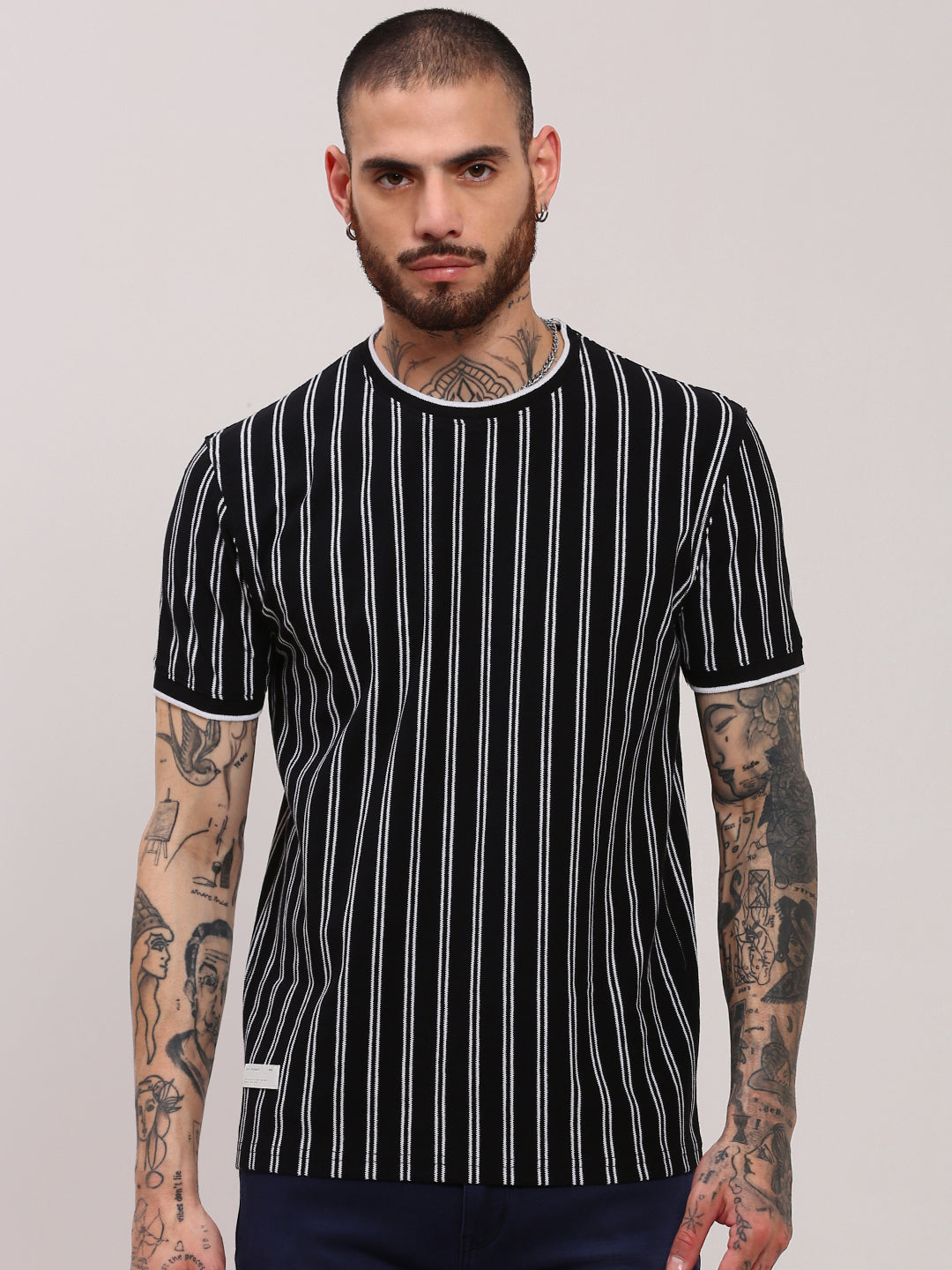 Men Black Striped T Shirt