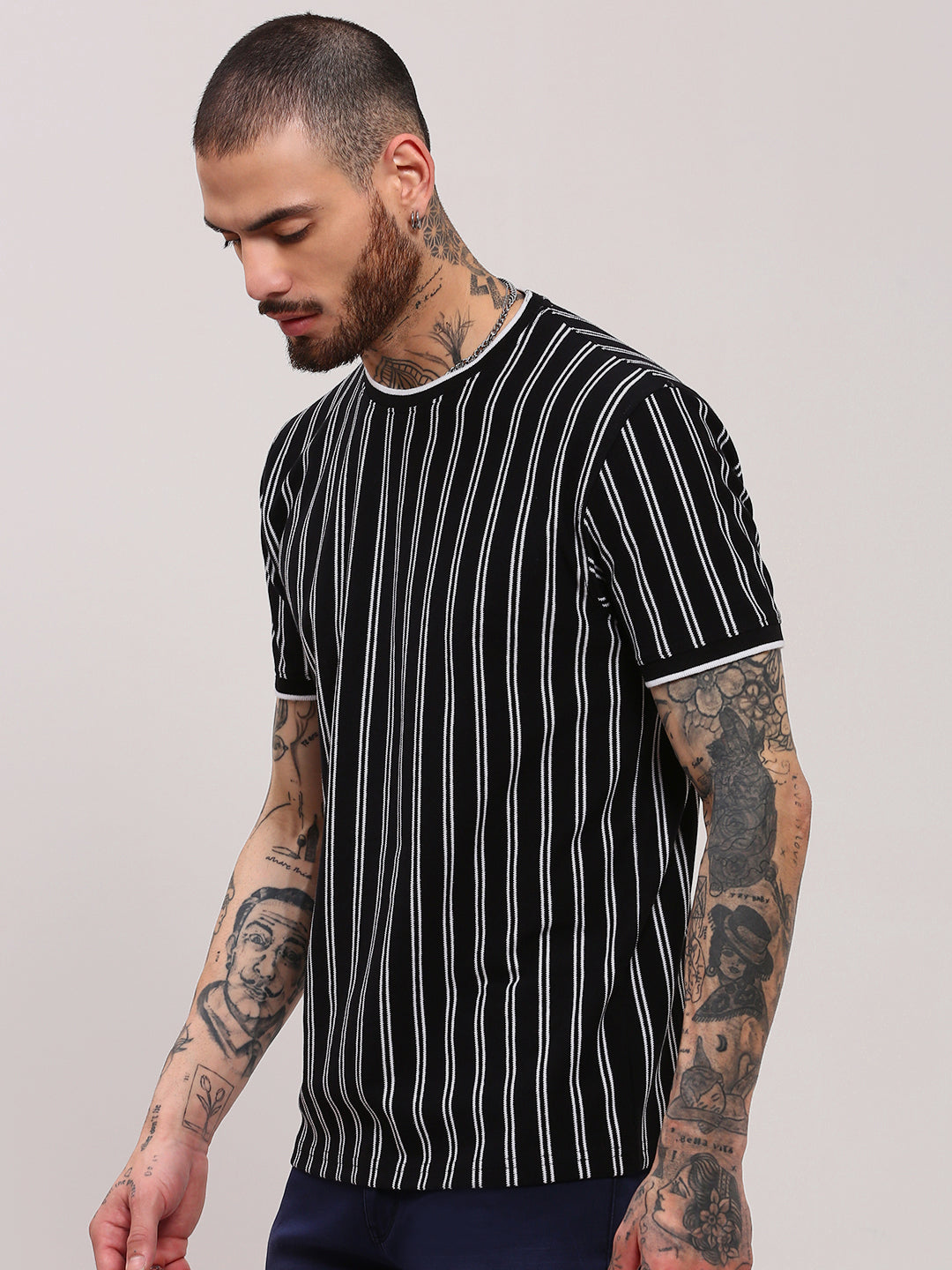 Men Black Striped T Shirt