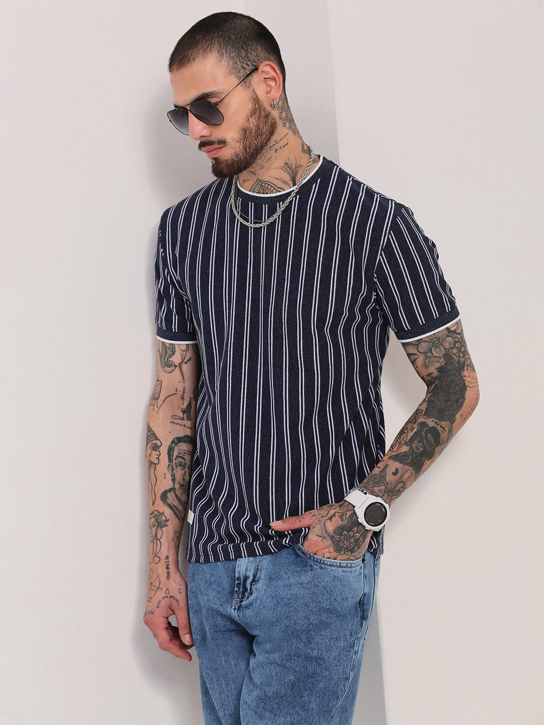 Men Navy Blue Striped T Shirt