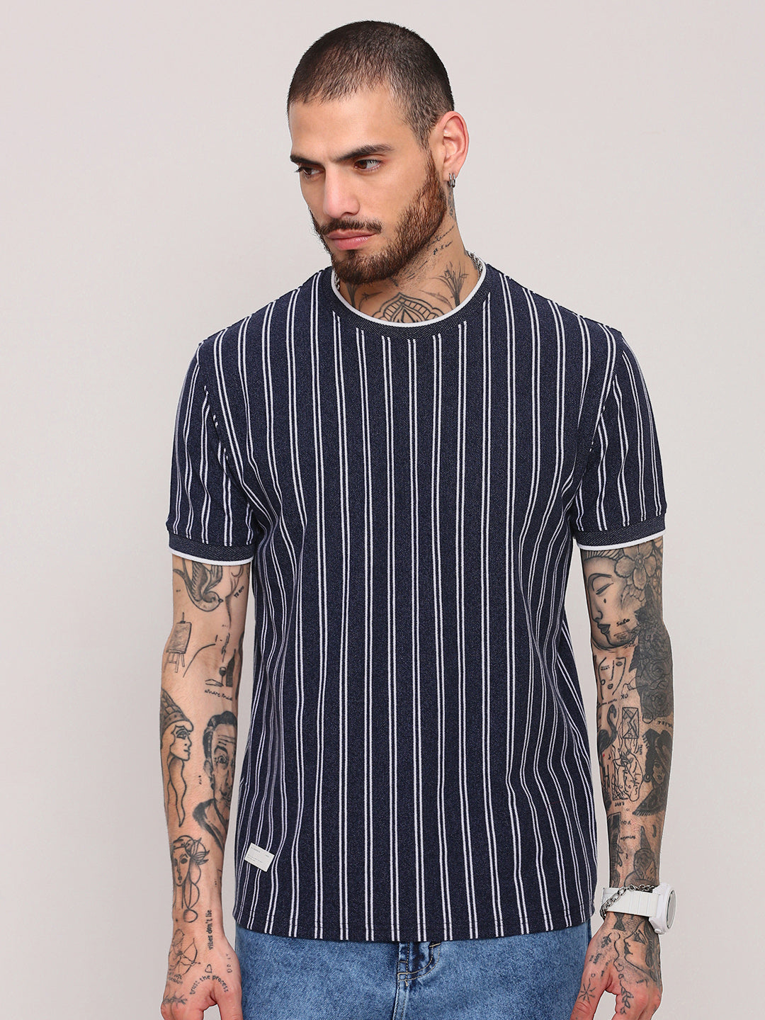 Men Navy Blue Striped T Shirt