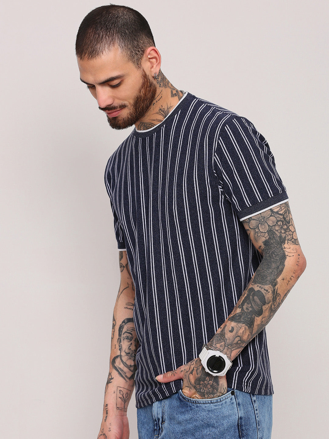 Men Navy Blue Striped T Shirt