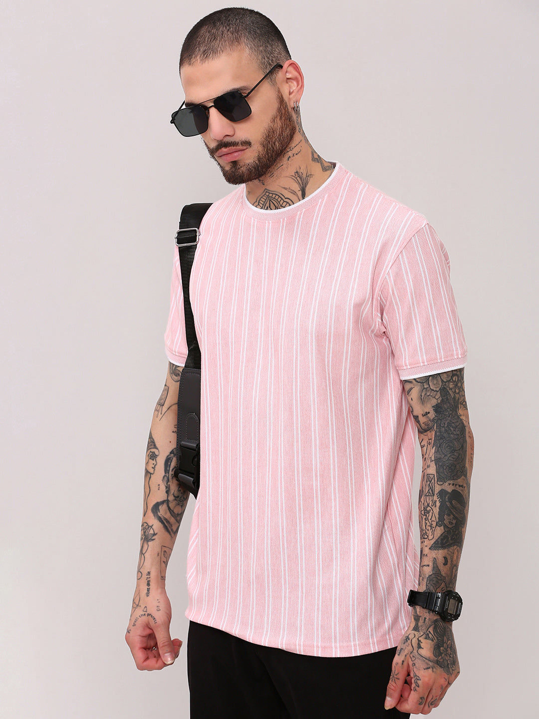 Men Pink Striped T Shirt