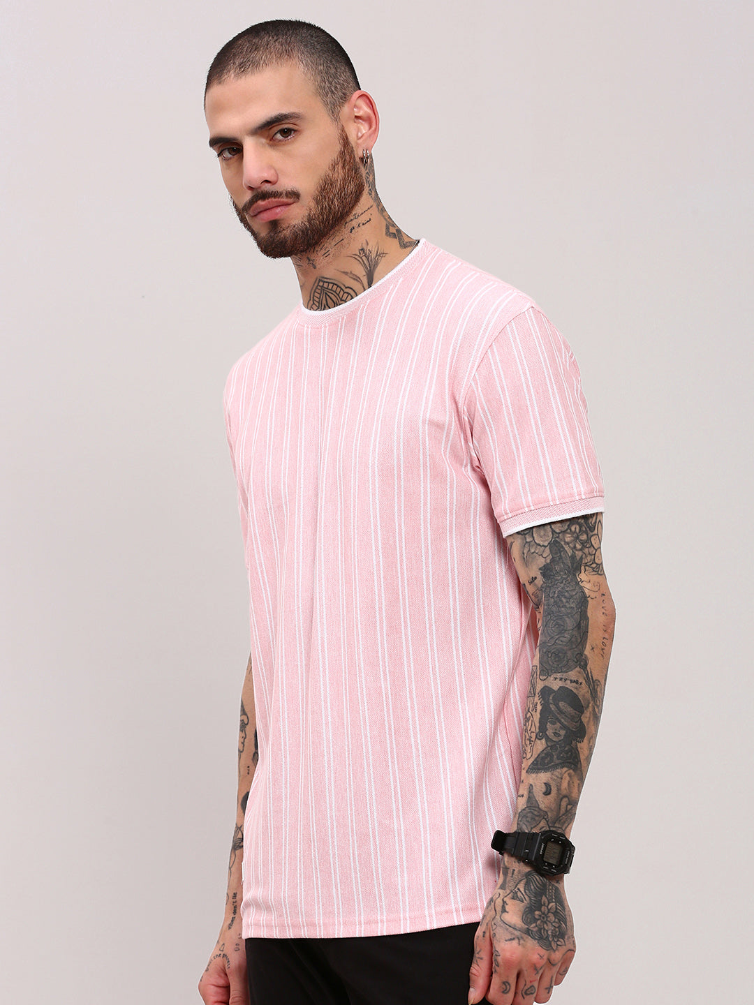 Men Pink Striped T Shirt