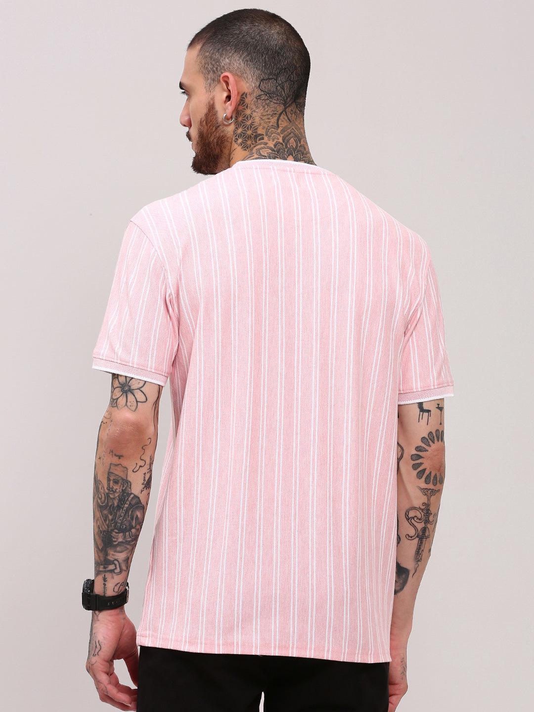 Men Pink Striped T Shirt