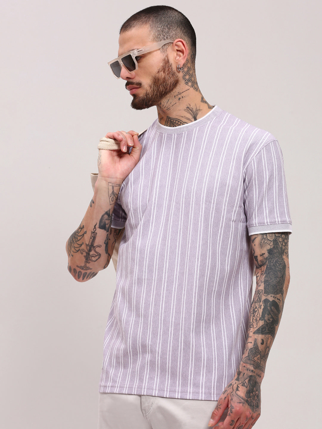 Men Purple Striped T Shirt