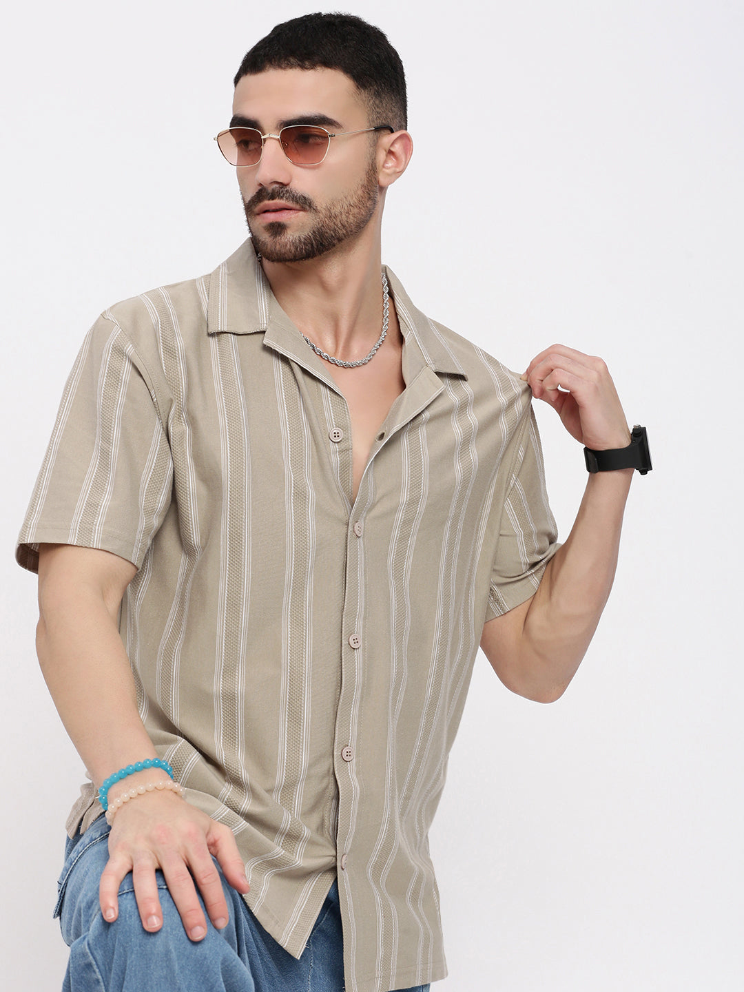 Men Beige Cuban Collar Striped Shirt