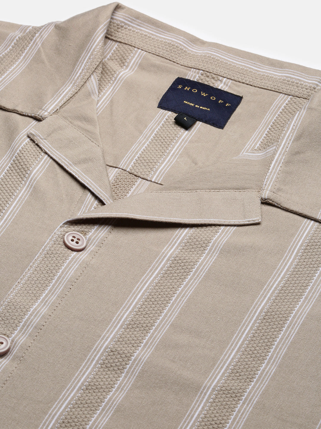 Men Beige Cuban Collar Striped Shirt