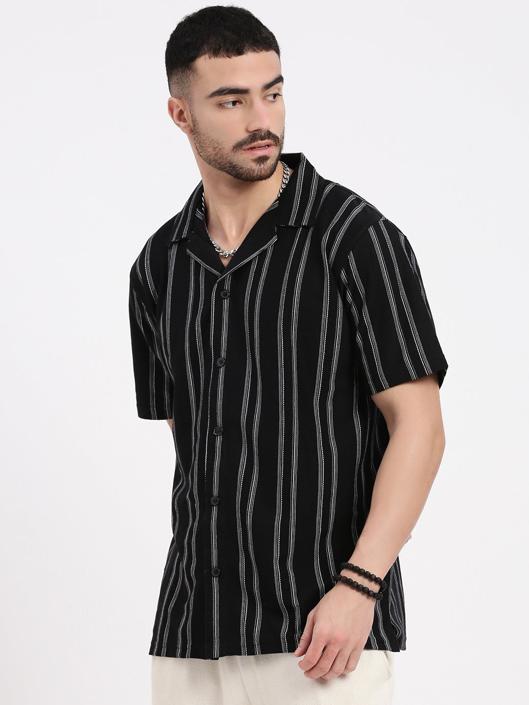 Men Black Cuban Collar Striped Shirt