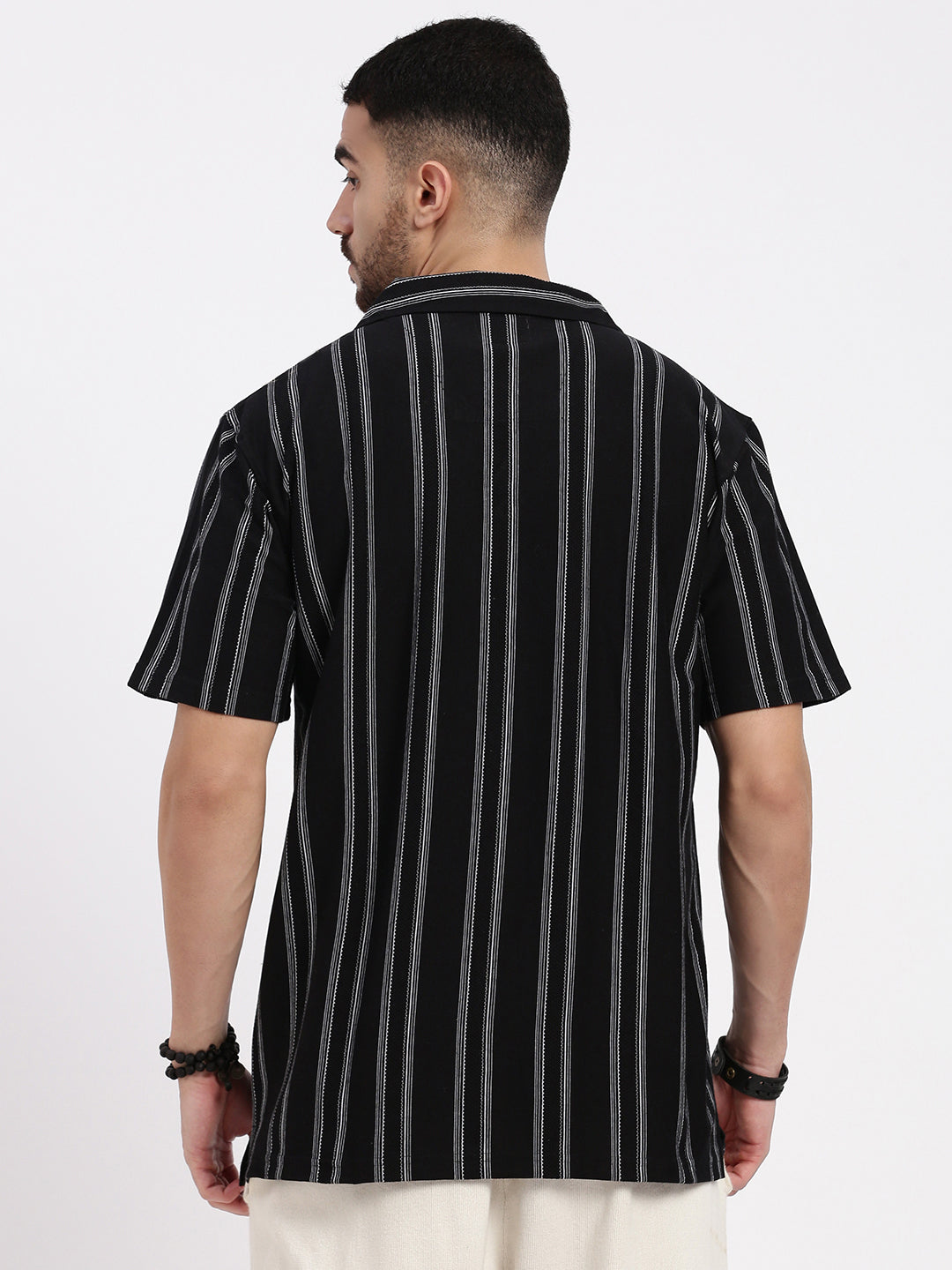 Men Black Cuban Collar Striped Shirt