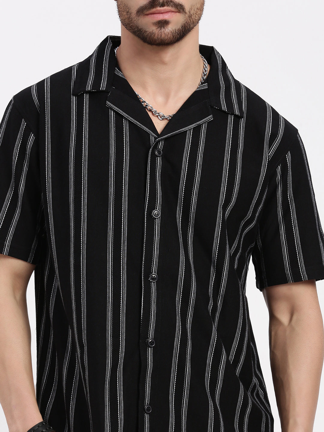 Men Black Cuban Collar Striped Shirt