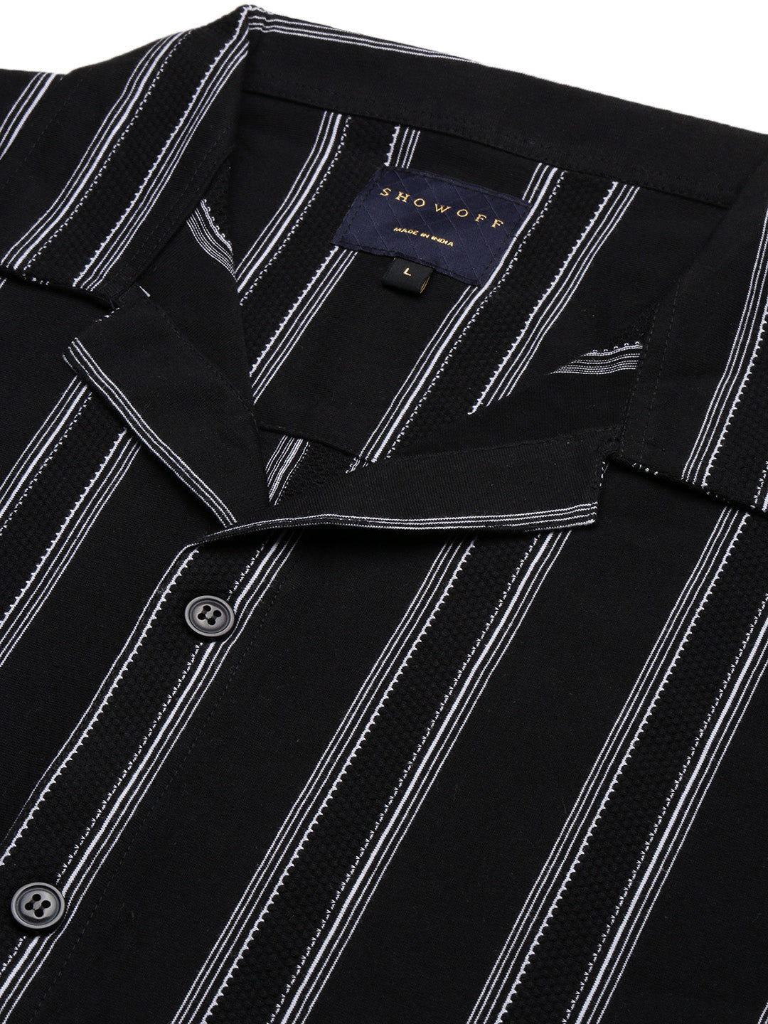 Men Black Cuban Collar Striped Shirt