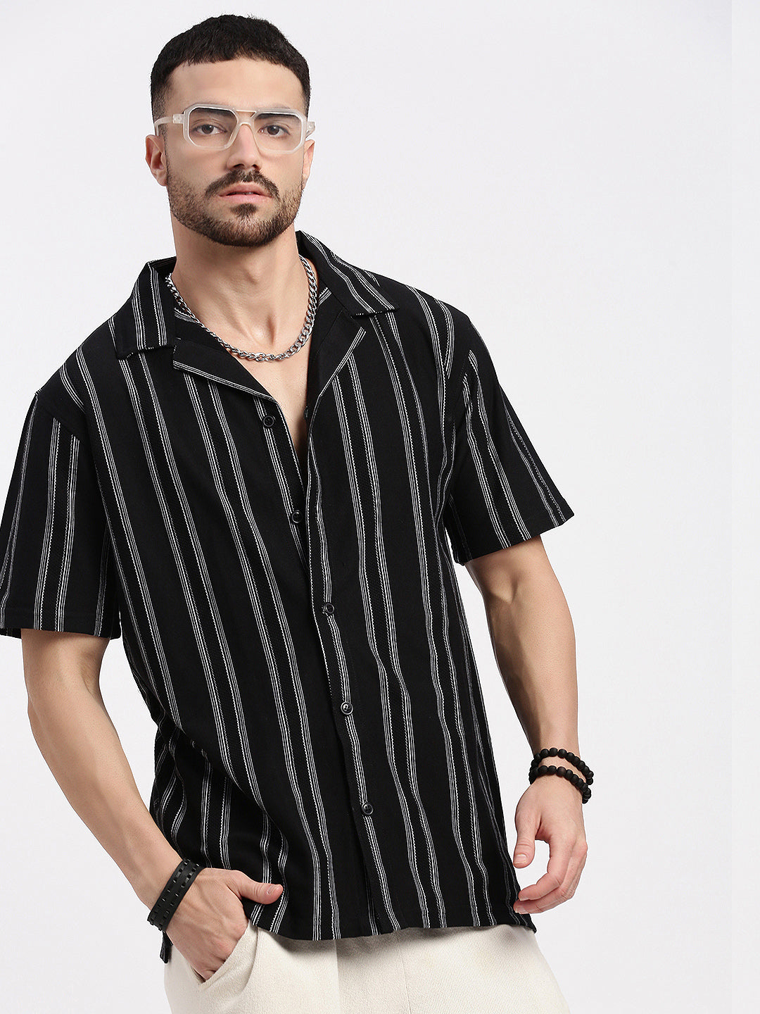 Men Black Cuban Collar Striped Shirt