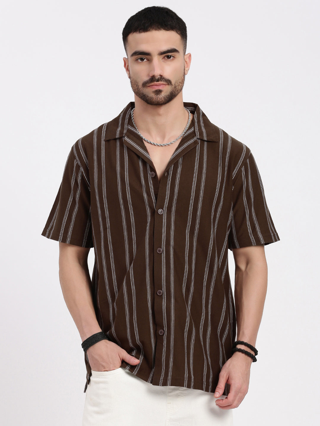 Men Brown Cuban Collar Striped Shirt