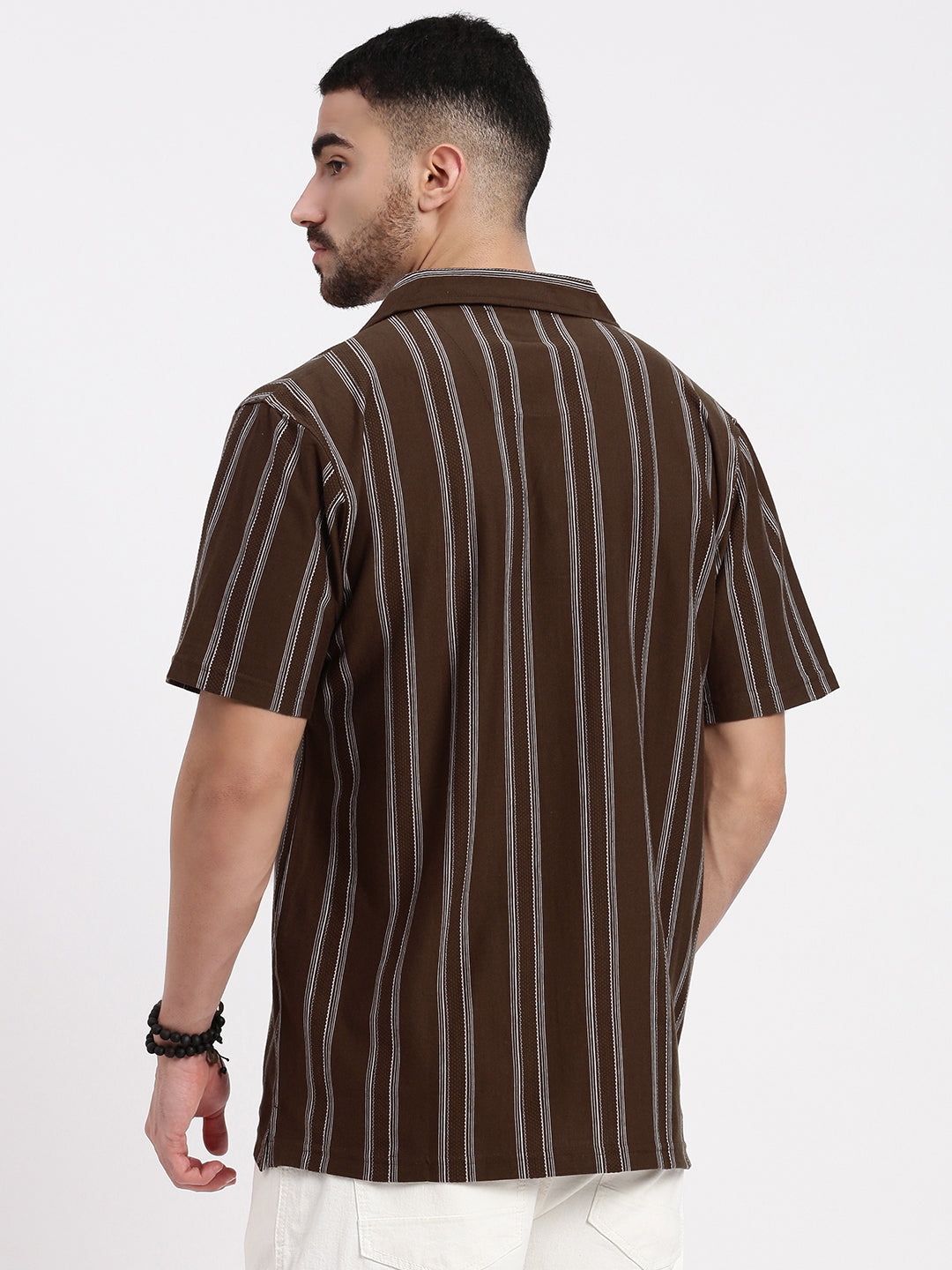 Men Brown Cuban Collar Striped Shirt