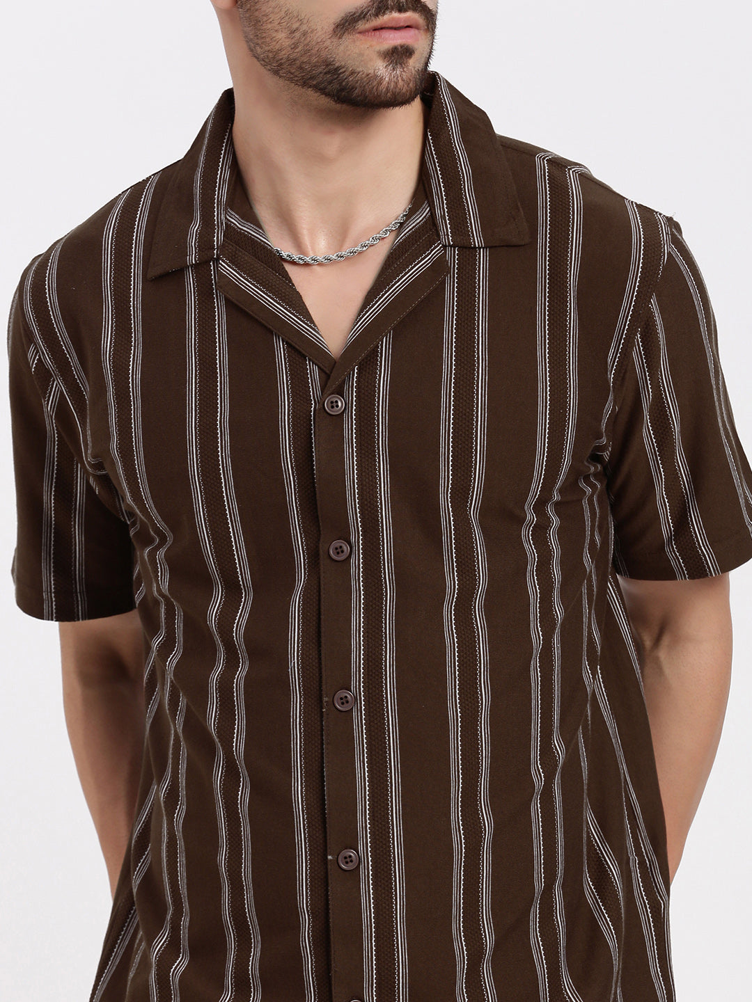 Men Brown Cuban Collar Striped Shirt