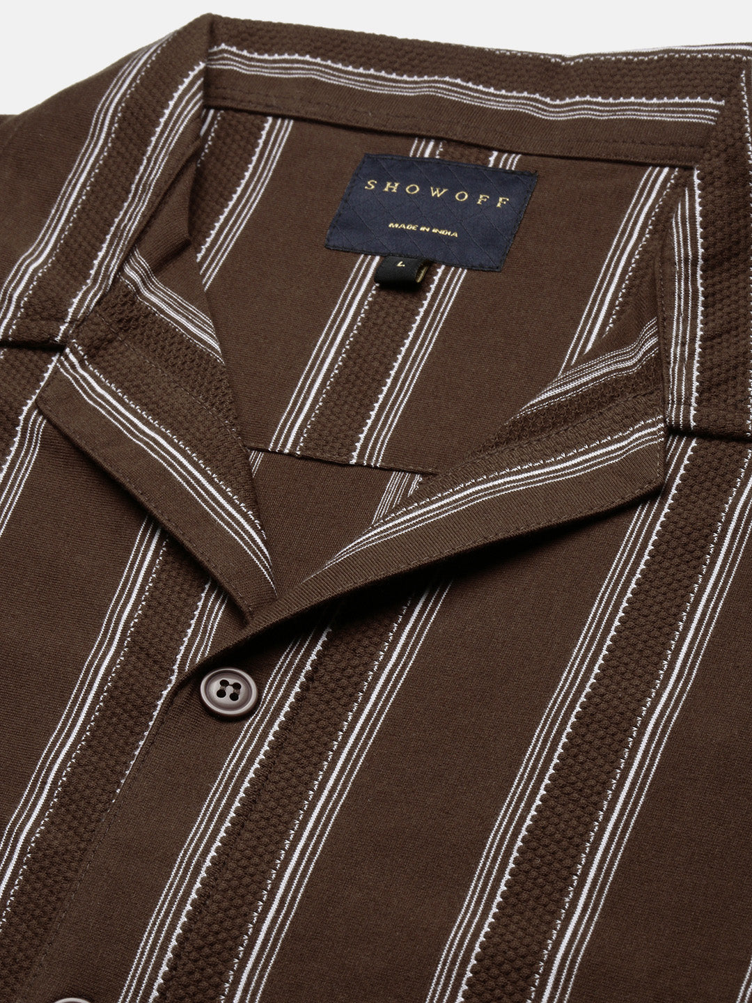 Men Brown Cuban Collar Striped Shirt