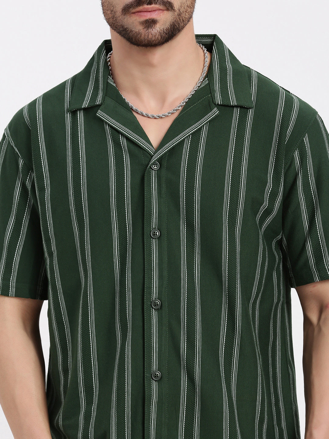 Men Green Cuban Collar Striped Shirt