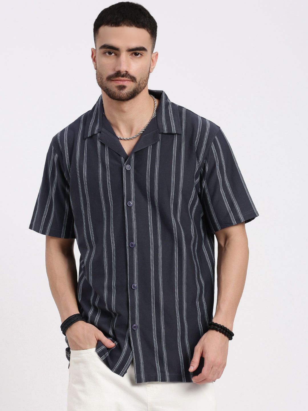 Men Grey Cuban Collar Striped Shirt