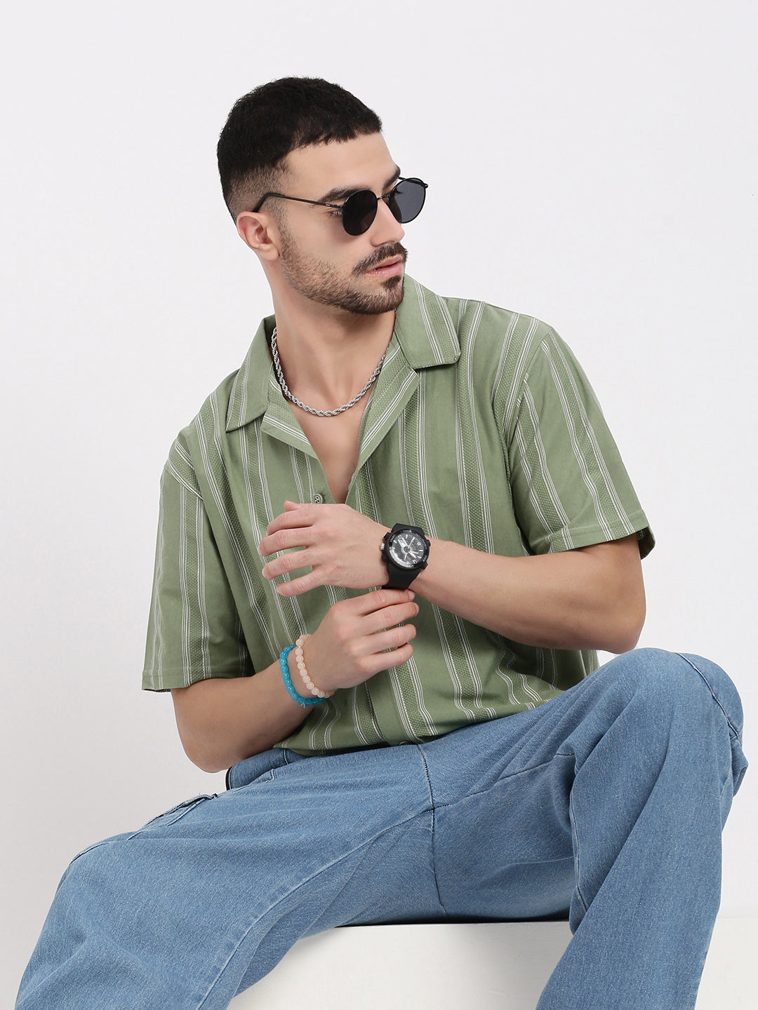 Men Green Cuban Collar Striped Shirt