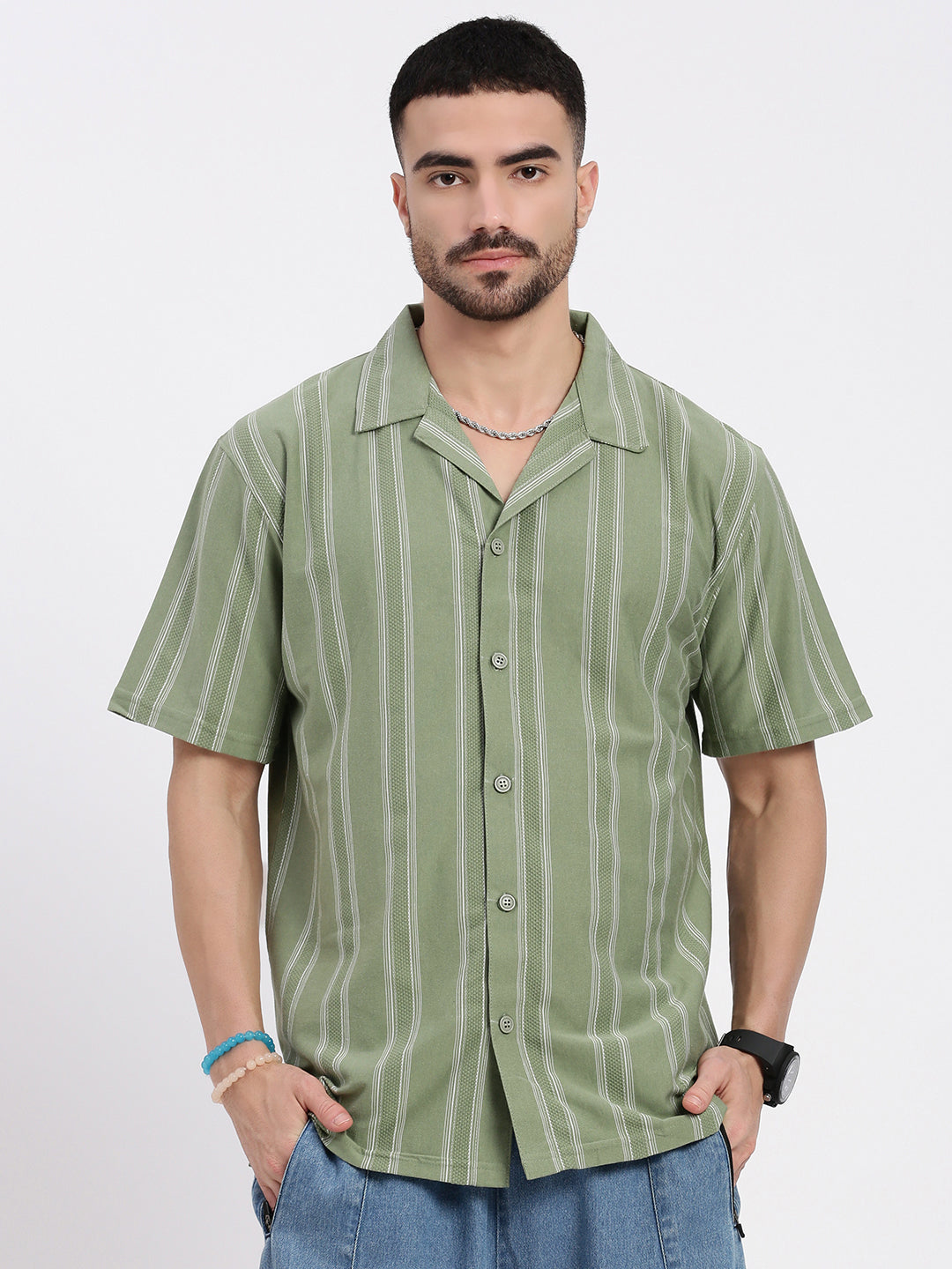 Men Green Cuban Collar Striped Shirt