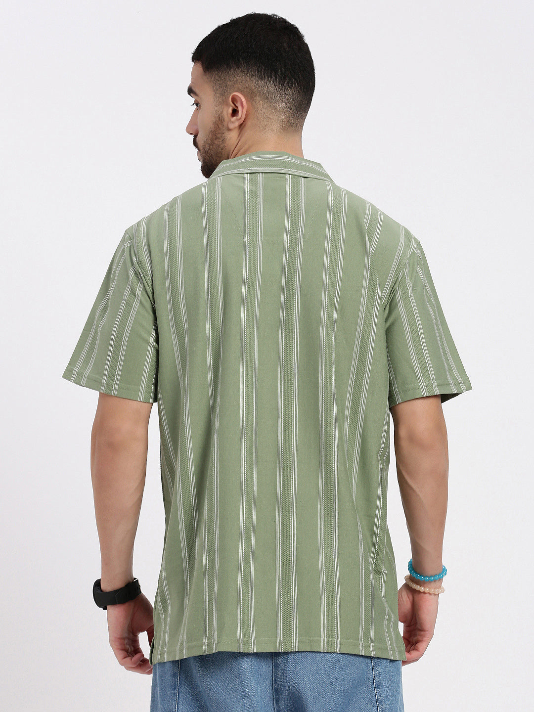 Men Green Cuban Collar Striped Shirt