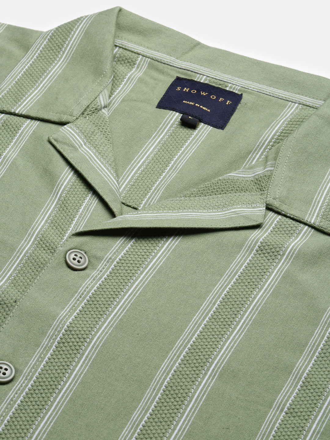 Men Green Cuban Collar Striped Shirt