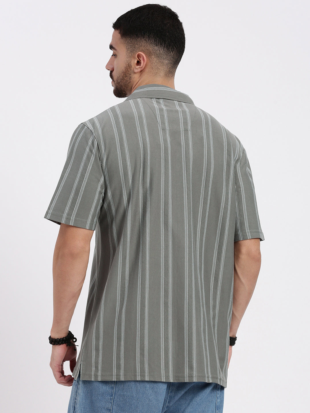 Men Grey Cuban Collar Striped Shirt