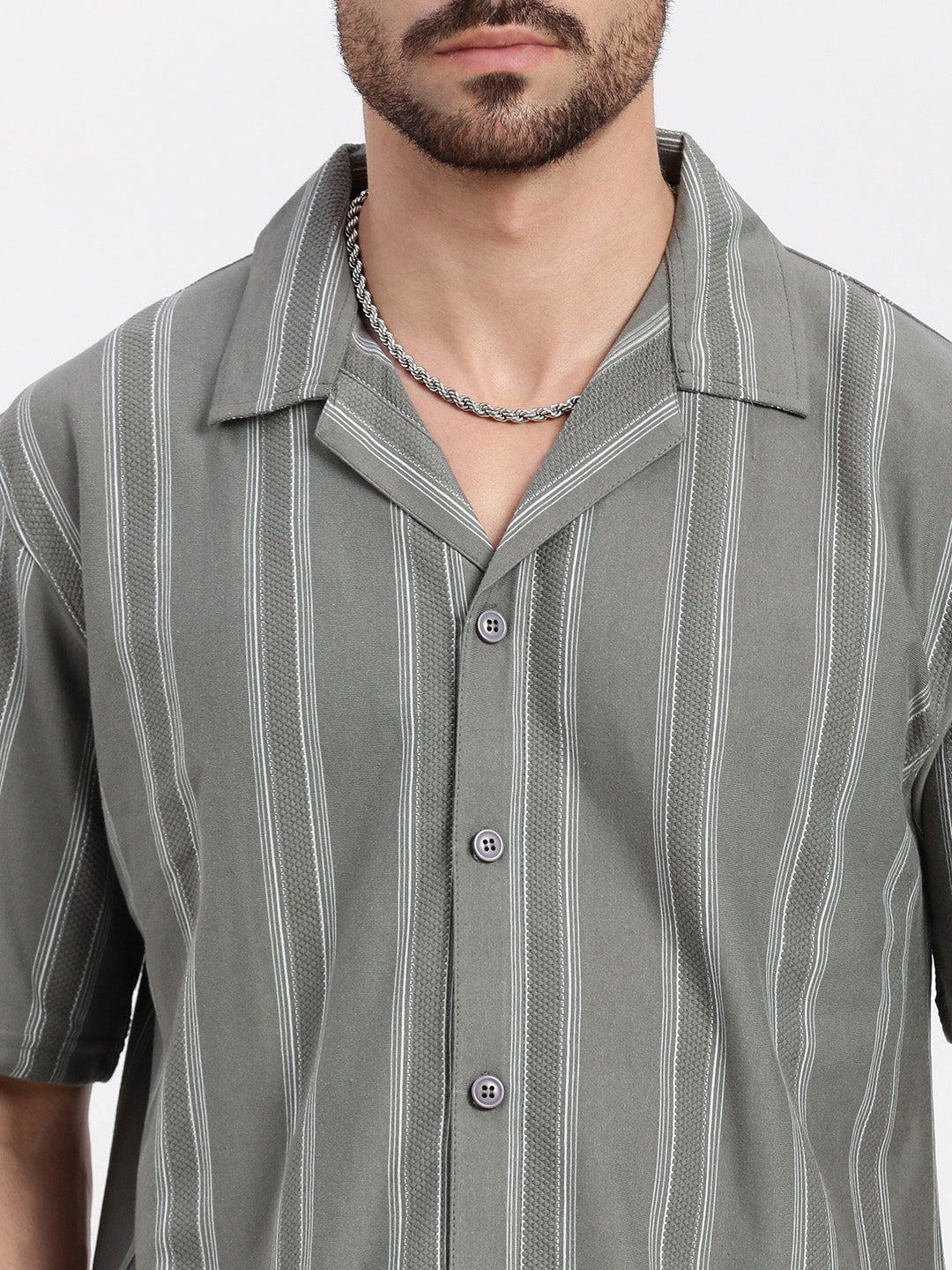 Men Grey Cuban Collar Striped Shirt