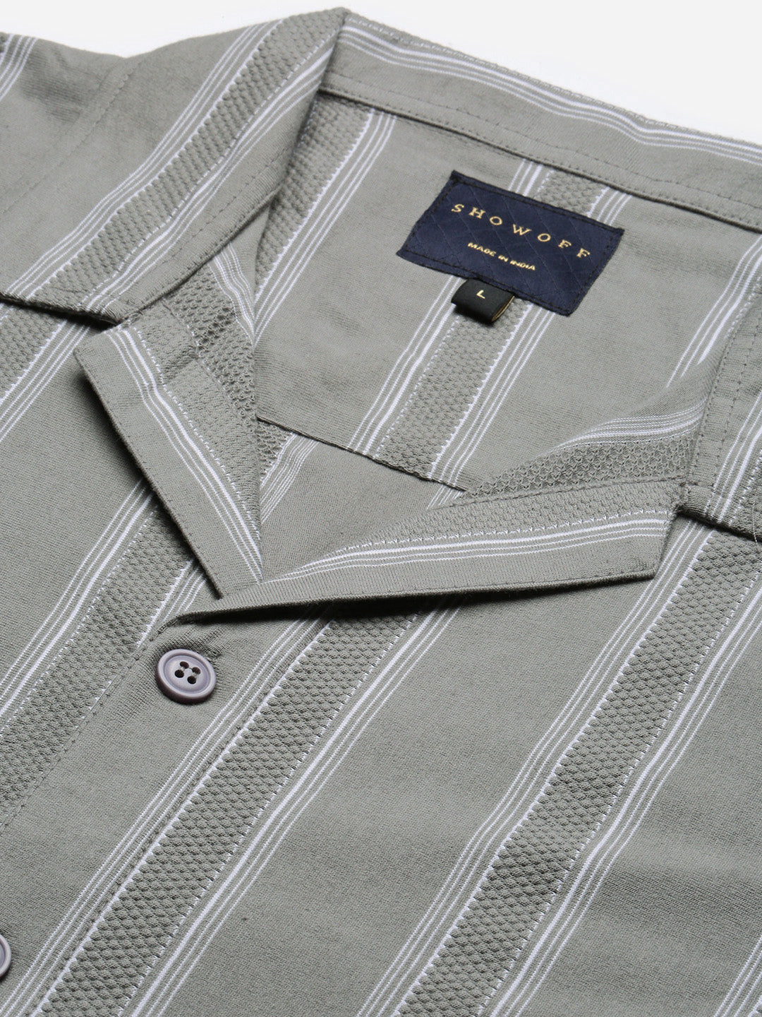 Men Grey Cuban Collar Striped Shirt