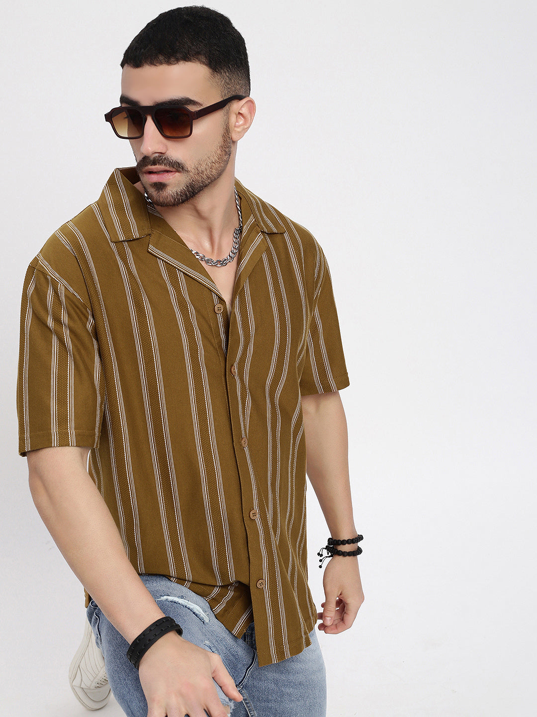 Men Olive Cuban Collar Striped Shirt