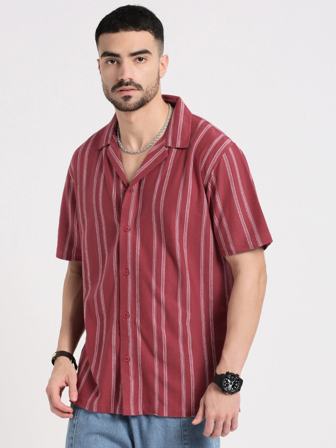 Men Pink Cuban Collar Striped Shirt