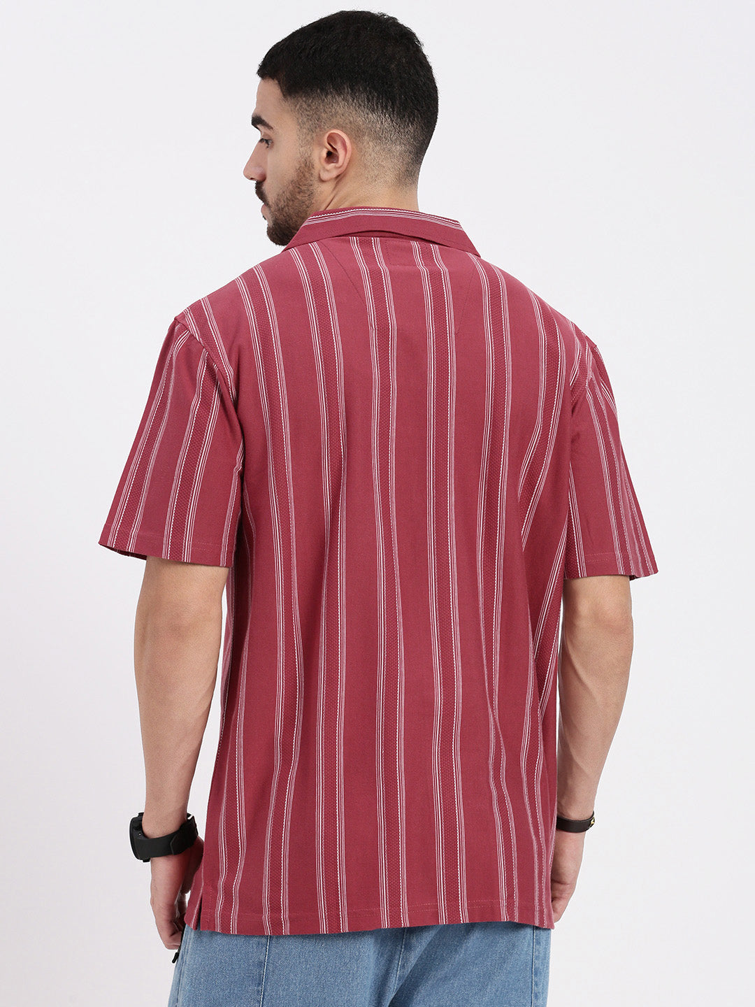 Men Pink Cuban Collar Striped Shirt