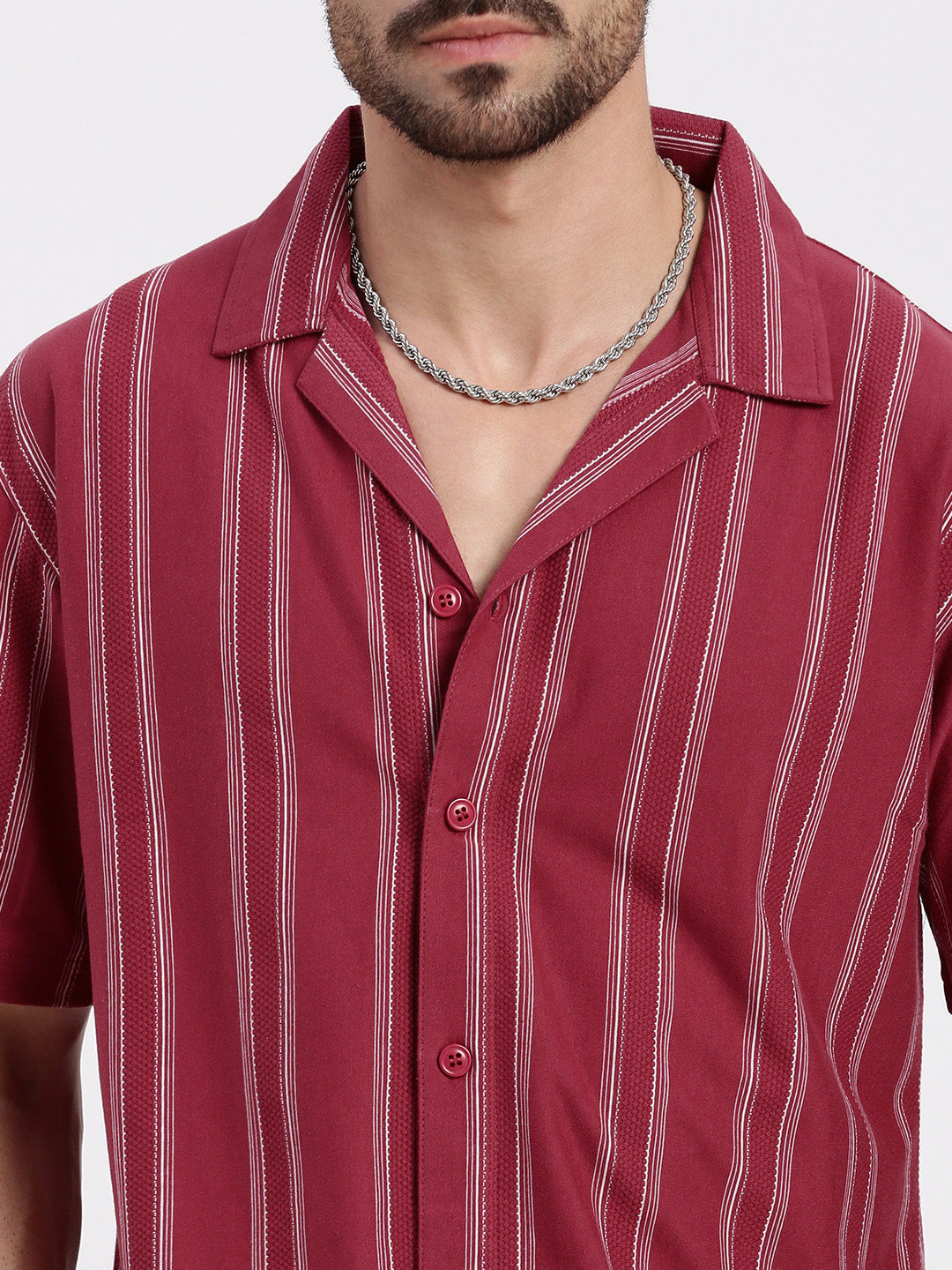 Men Pink Cuban Collar Striped Shirt